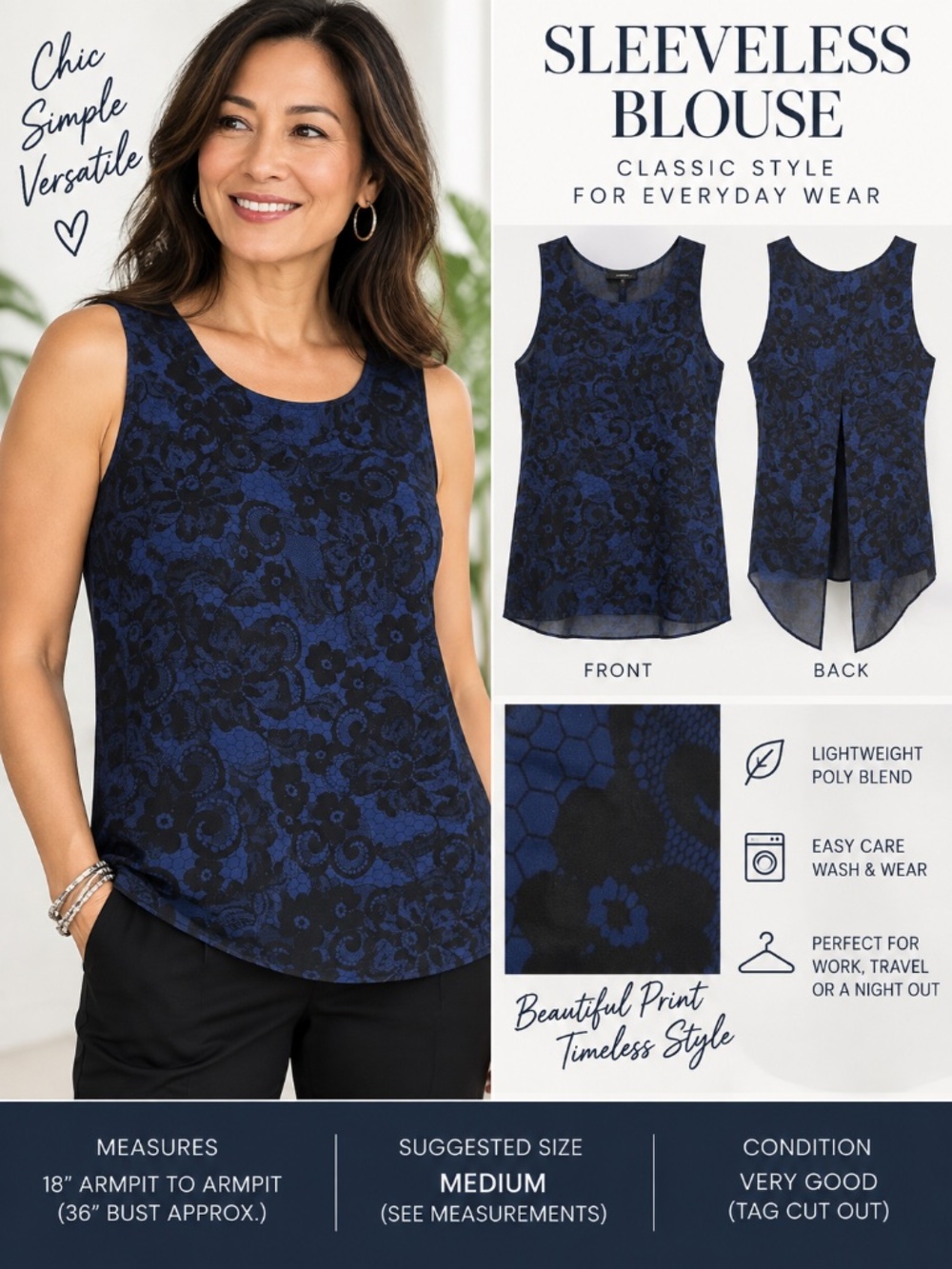 Navy & Black Floral Sleeveless Blouse Women’s Medium Lightweight Wash & Wear